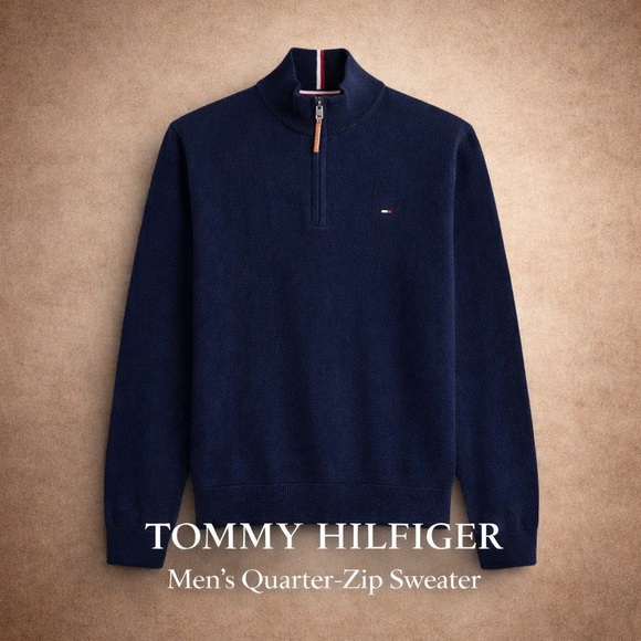 NWT Tommy Hilfiger Navy Quarter-Zip Cotton Sweater Men’s M Classic Modern